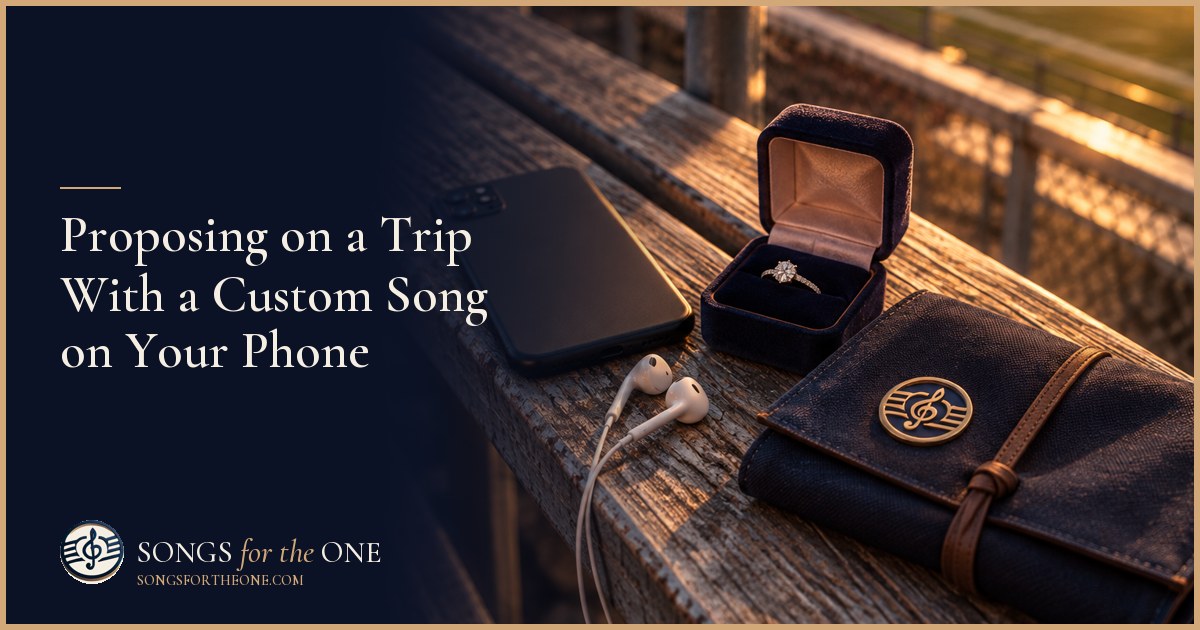 Traveler holding a ring box beside a phone on a quiet lakeside terrace as their partner turns toward them