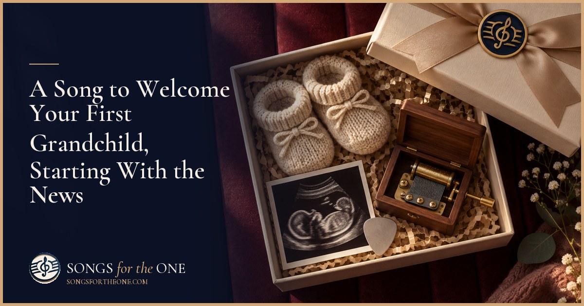 Grandparents-to-be holding an ultrasound photograph and tiny knitted booties together at their kitchen table