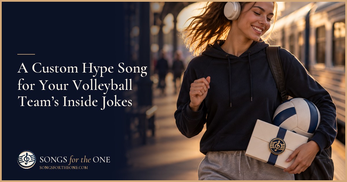 Volleyball teammates laughing together beside a portable speaker and a ball cart before practice in a school gym.