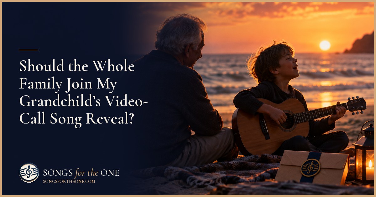Grandparents beside a laptop, preparing a quiet video-call song reveal with their grandchild pictured on screen.