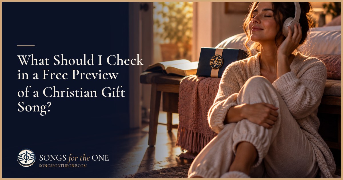A woman wearing headphones checks a notebook beside an open Bible while considering a Christian gift song.