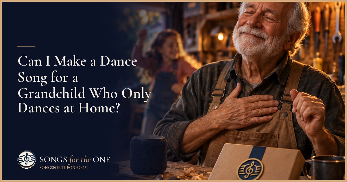 Grandparent sitting on a sofa while a grandchild dances on a clear living-room rug beside a small speaker.