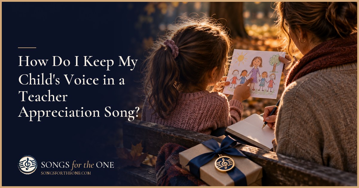 Parent writing down a child's ideas for a teacher appreciation song beside a handmade card and colored pencils.