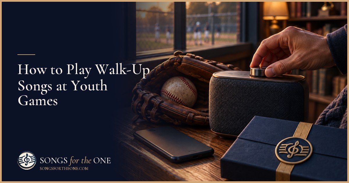 Adult volunteer testing a portable speaker beside a youth baseball dugout while a helmeted player waits nearby