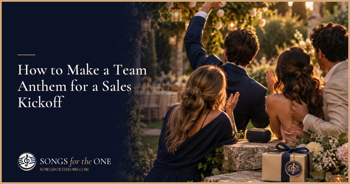 Sales team gathered around a conference table with a small speaker as their leader introduces a kickoff anthem.