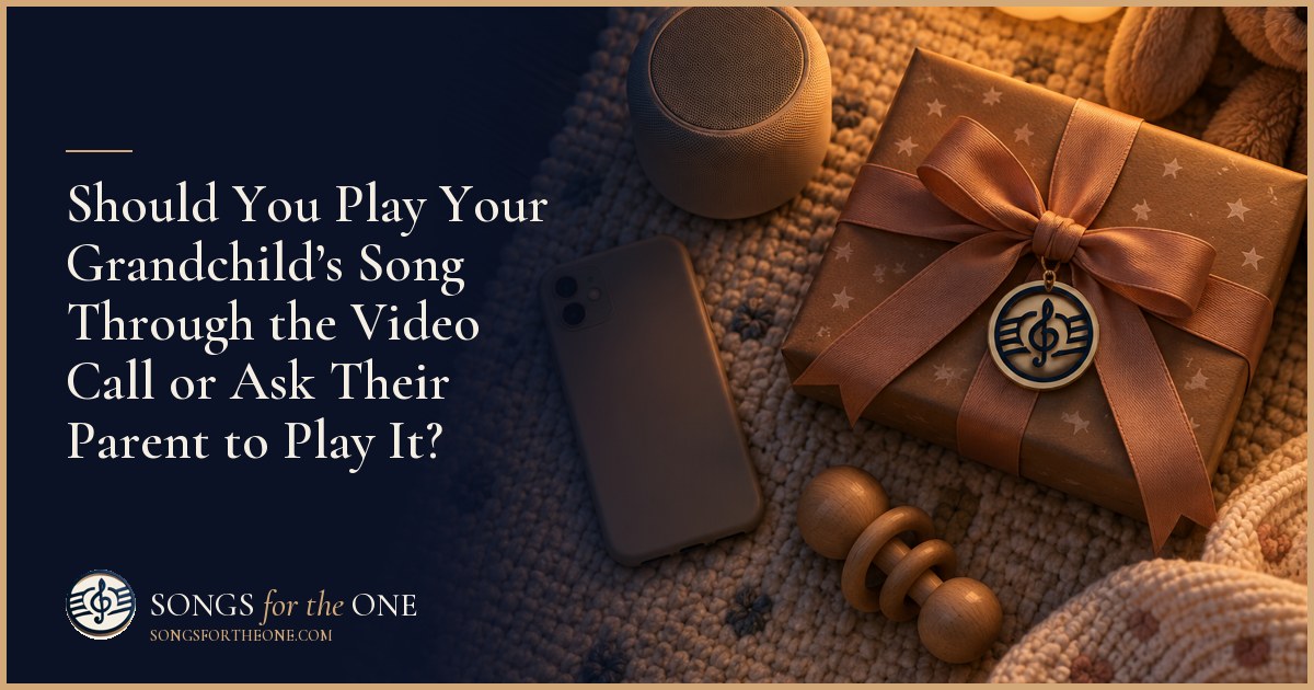 Grandparent beside a laptop on a video call while a parent and child sit near a small speaker at the other end