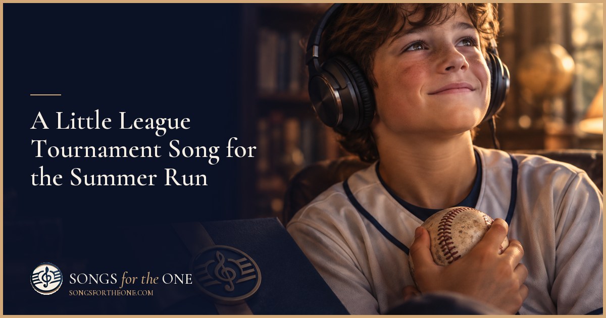 Youth baseball players gathered around a portable speaker beside a dugout, with gloves and tournament bags on the bench.