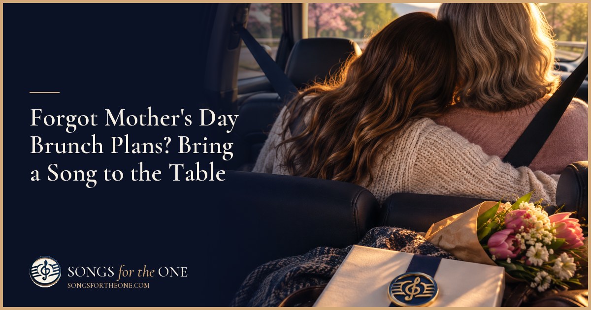 Adult daughter setting a small speaker beside flowers at a Mother's Day brunch table while her mother looks on