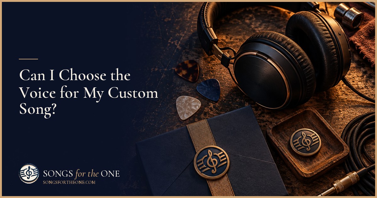 Person wearing headphones beside a gift box, considering the vocal sound of a personalized song.