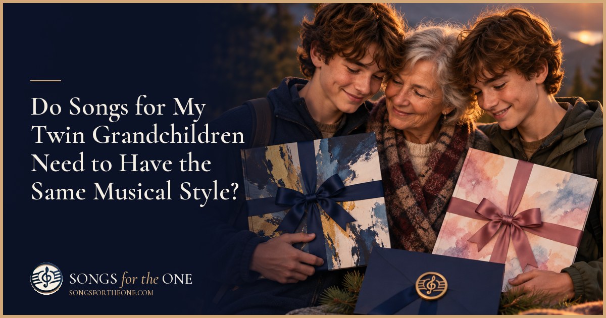 Grandparent choosing two vinyl records with twin grandchildren who have different musical tastes at a living room table.