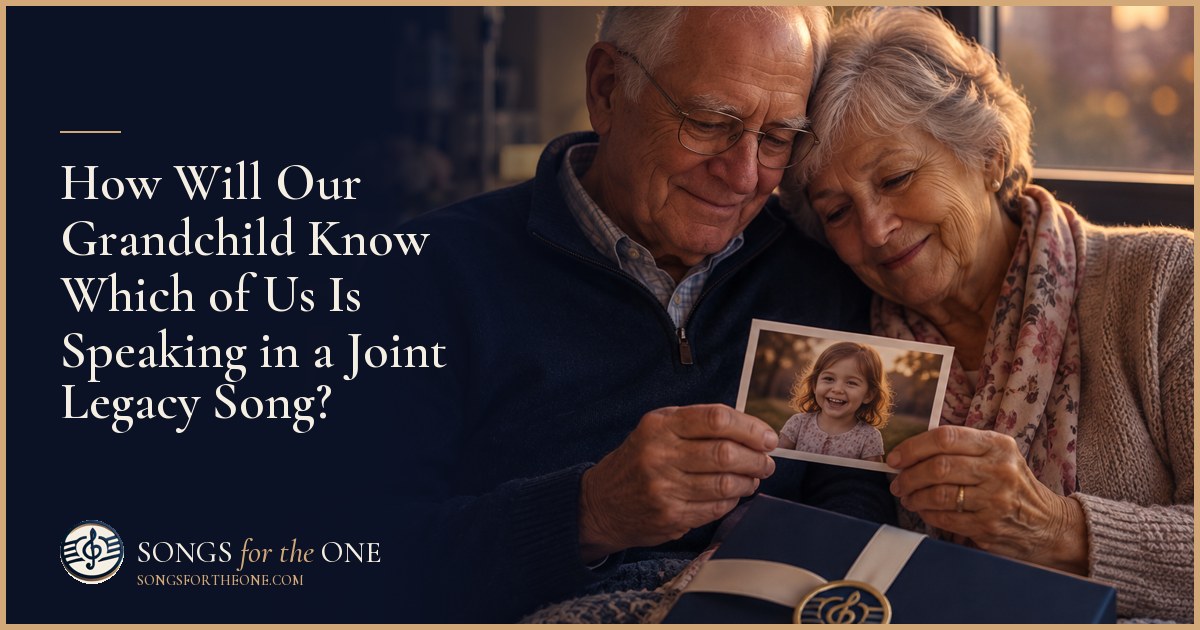 Two grandparents sorting separate sets of memory photographs beside a shared family portrait while planning a song for their grandchild.