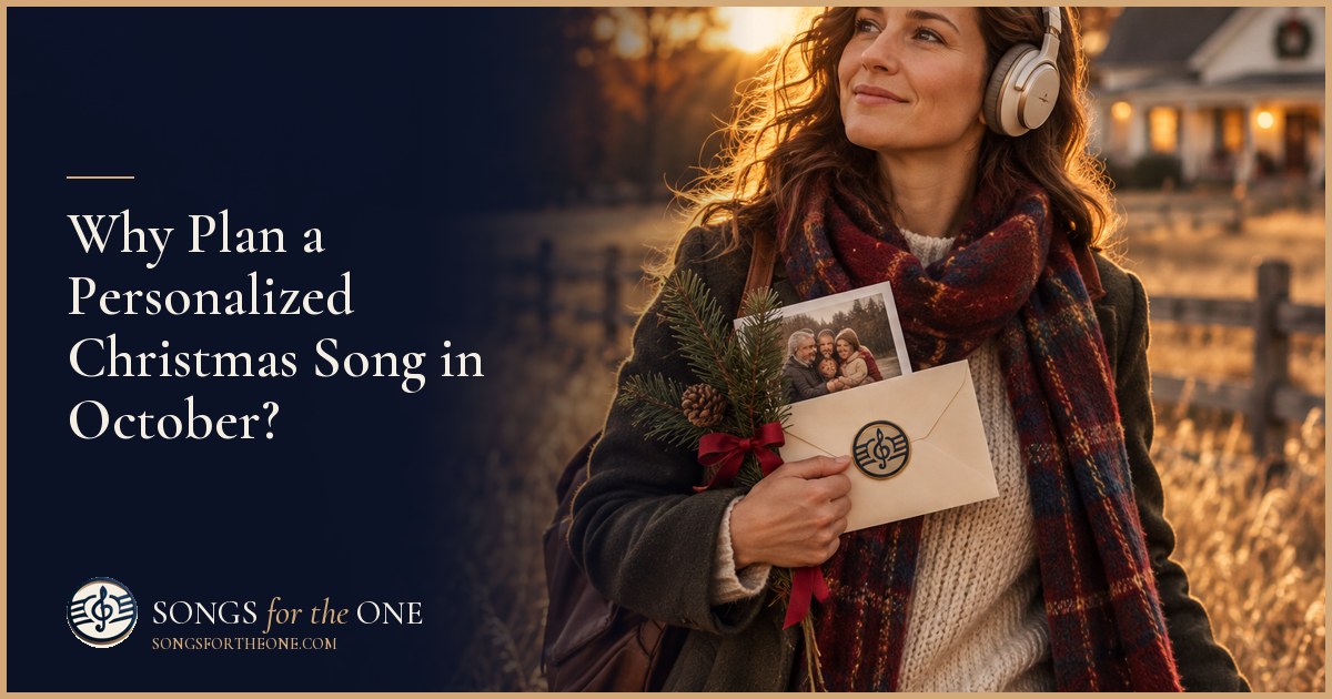 Woman choosing family photos beside an autumn window while planning a Christmas song for relatives far away.