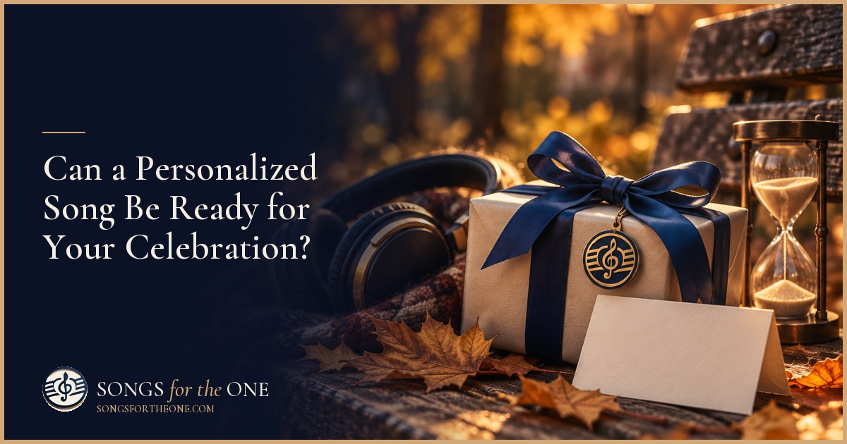 Person checking a wristwatch beside headphones, a wrapped gift, and a small cake while preparing a celebration table.