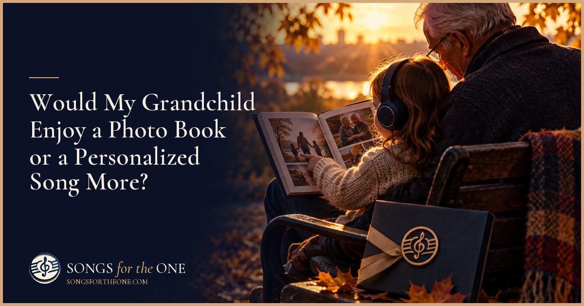 Grandparent and grandchild looking through a family photo book beside headphones and a small speaker at a kitchen table.