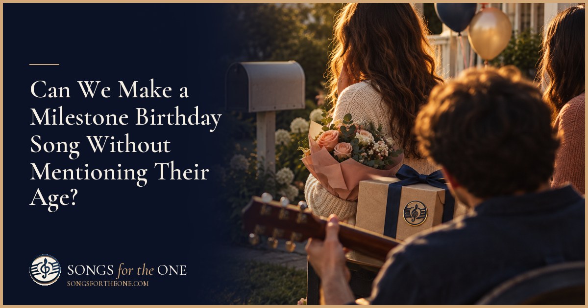 Birthday organizer and a friend arranging plain candles, flowers, and a wrapped music gift beside a small cake without number decorations.