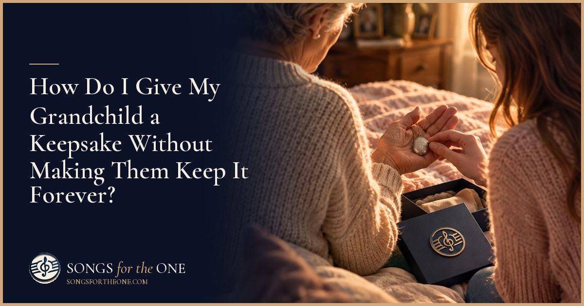 Grandmother and adult grandchild looking at a small wooden keepsake box and family photograph together at a kitchen table.