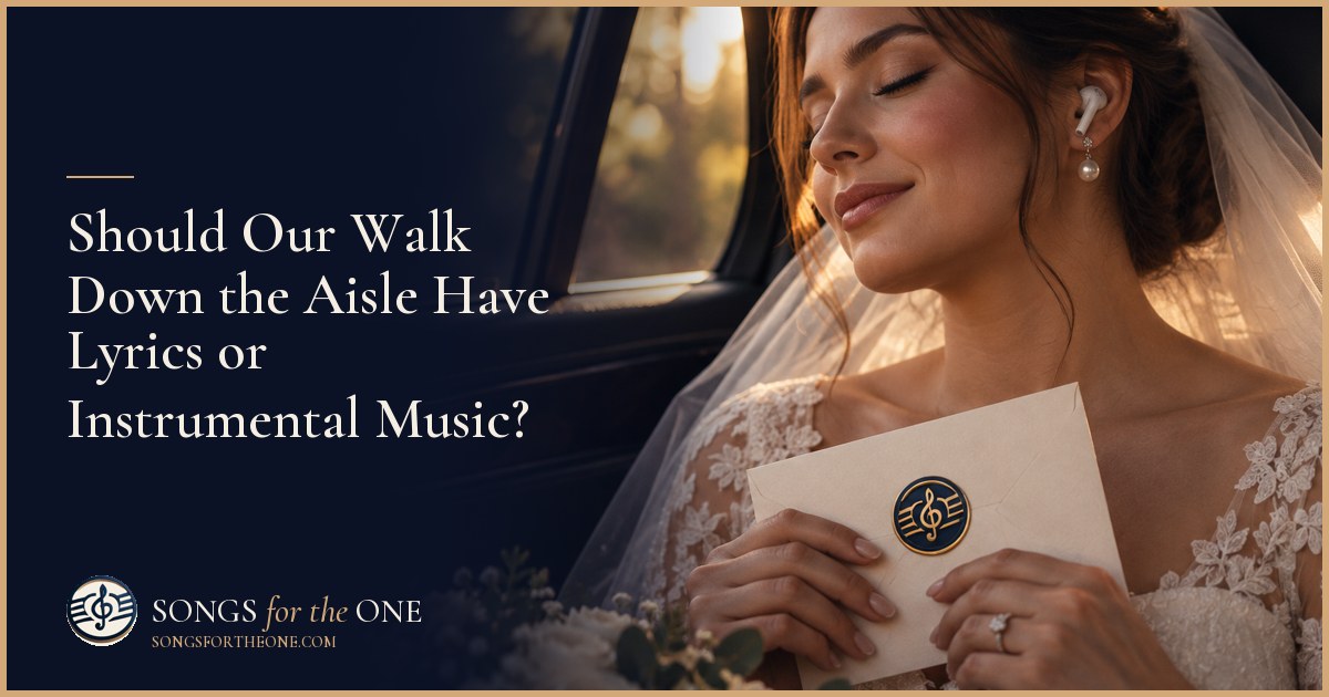 Couple rehearsing their wedding procession beside a string duo and a coordinator holding an audio cue sheet