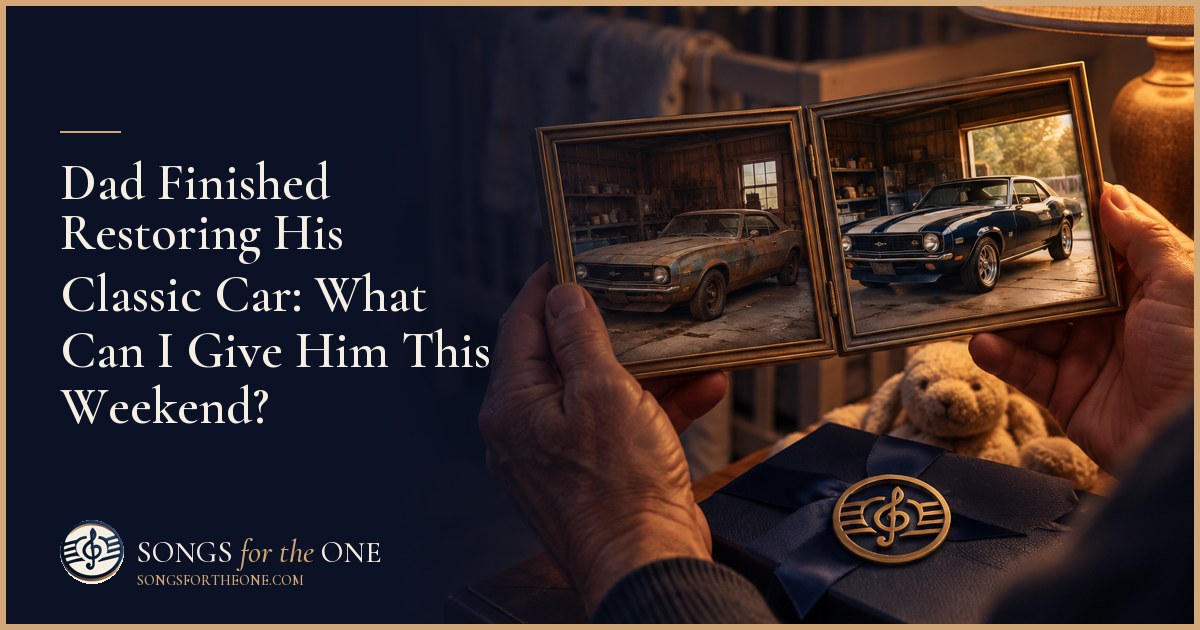 Father and adult child beside a restored classic car, looking through printed photographs of the restoration in an open garage.