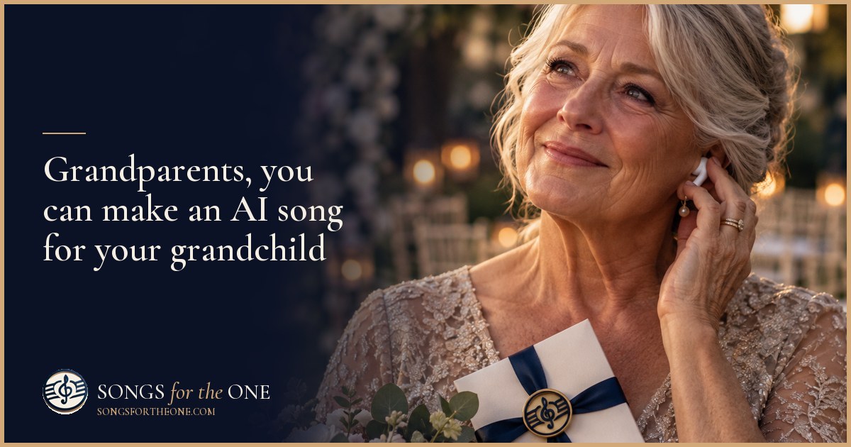 Grandparent at a kitchen table with a tablet, headphones, and a childhood photo, preparing a personalized song for a grandchild.