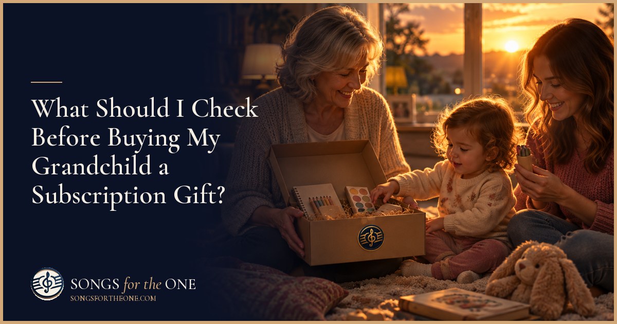 Grandparent and parent reviewing a subscription gift box beside craft supplies and a paper calendar at a kitchen table.
