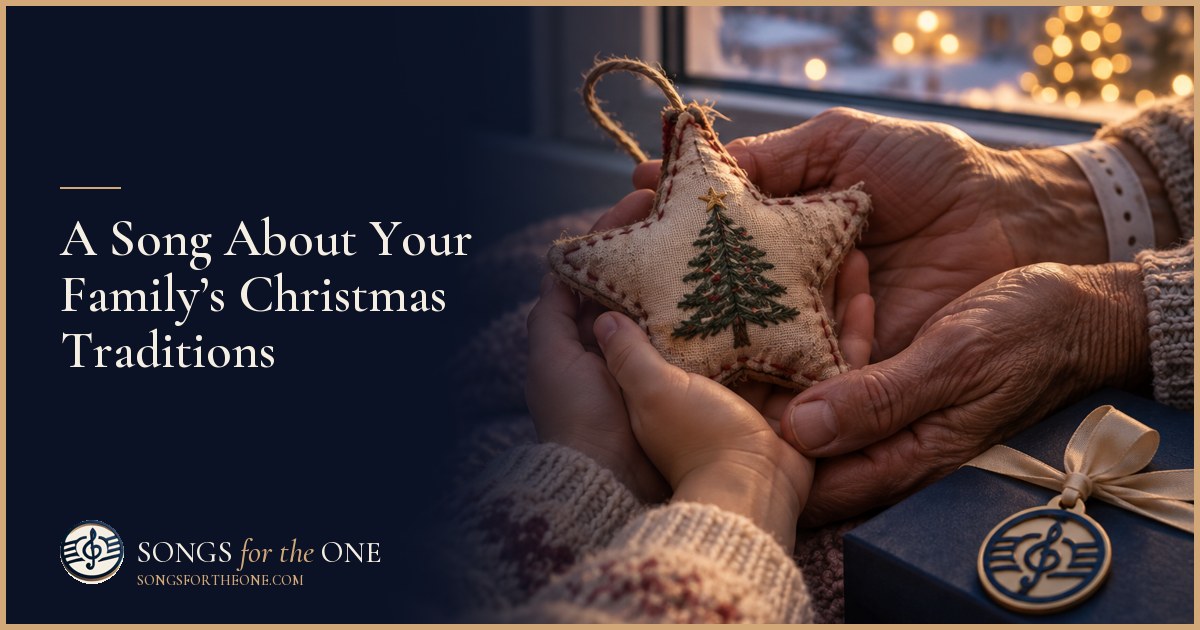 Family gathered beside a Christmas tree, sharing an old ornament while a wrapped recipe tin and holiday photographs sit on the coffee table.