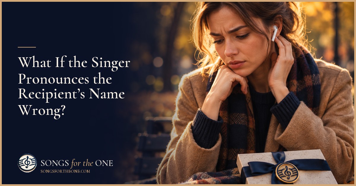 Gift buyer listening through headphones beside a notebook with handwritten syllable marks and a wrapped present.