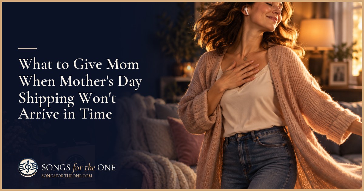 Adult child sharing a Mother's Day listening moment with Mom at a kitchen table beside flowers and a handwritten card