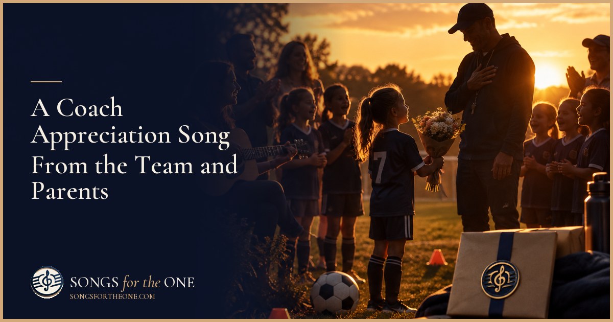 Youth players and parents gathered around a coach with a wrapped speaker and team photo at an outdoor season-end party