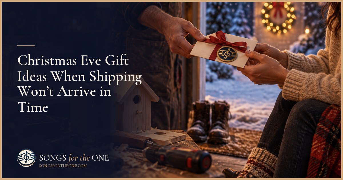 Person placing a handwritten gift note beside headphones and a wrapped box under a Christmas tree on Christmas Eve.