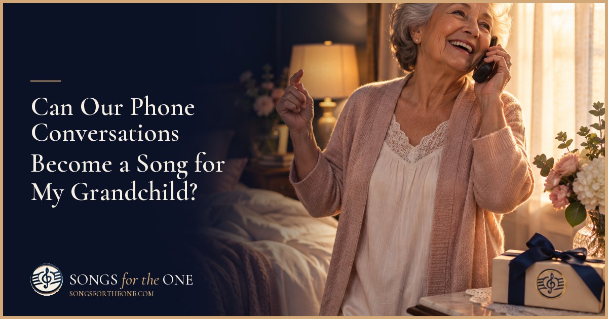 Grandparent smiling during a phone call beside a notebook and a grandchild’s drawing on the kitchen table.