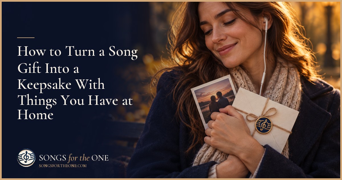 Hands tucking a family photograph and a folded listening card into an envelope beside a ribbon and a small speaker.