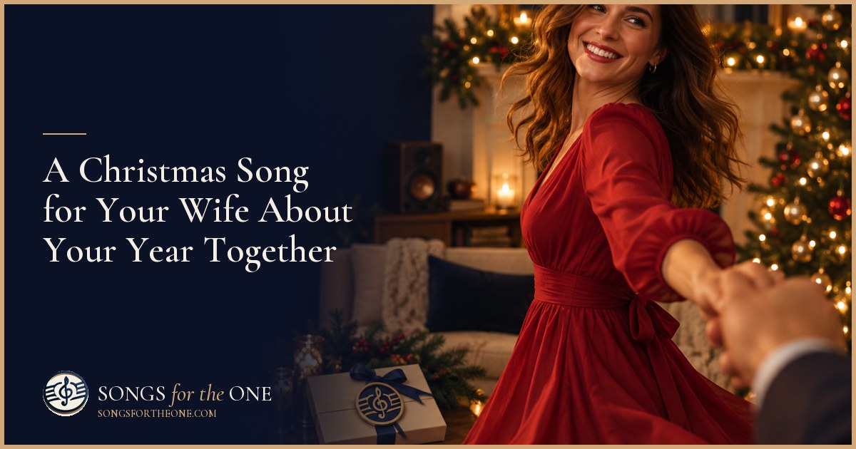 Husband and wife listening to a song beside their Christmas tree, with printed photographs from their year on the coffee table.