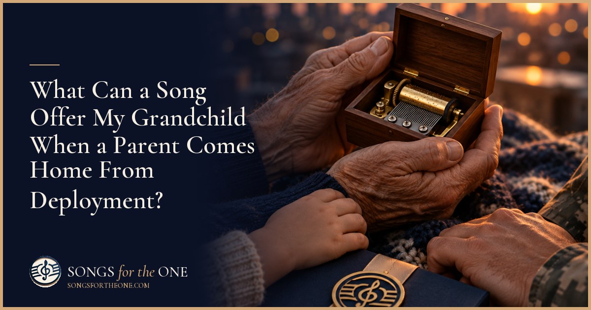 Grandparent sitting beside a grandchild with headphones while a returning parent unpacks a duffel bag nearby.