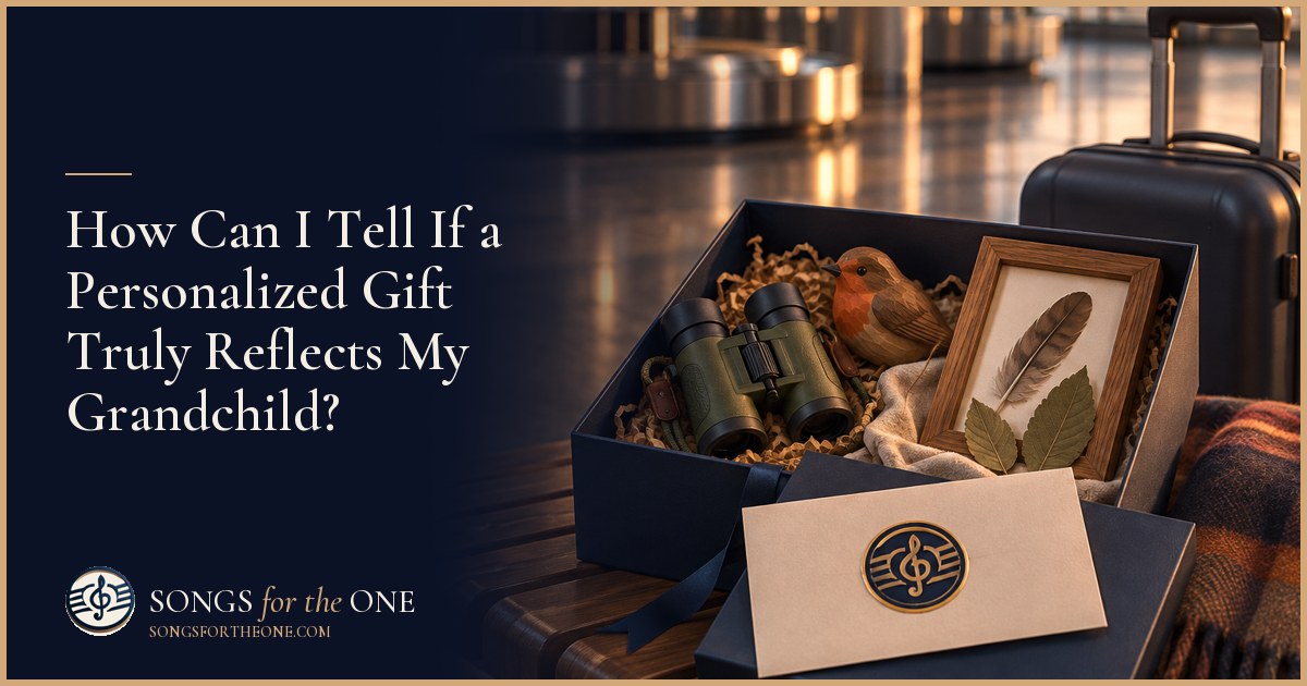 Grandparent comparing a plain wooden keepsake box with photographs and a handmade bird ornament connected to shared memories.