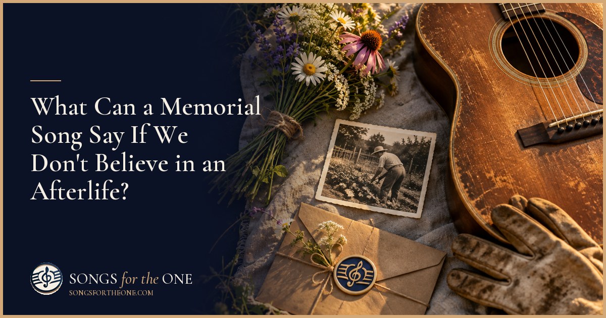 Family members gathering photographs, a recipe card, and a wooden spoon beside a framed portrait for a secular memorial tribute.