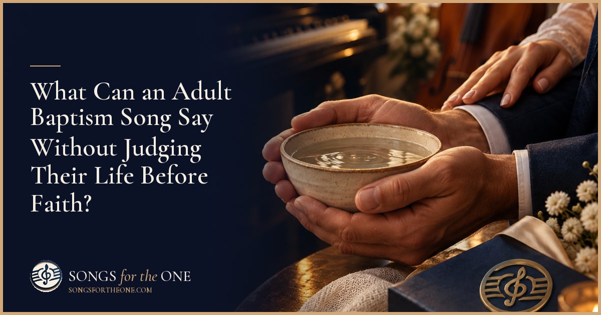 An adult holding a folded baptism towel beside a loved one with a small wrapped gift outside a church