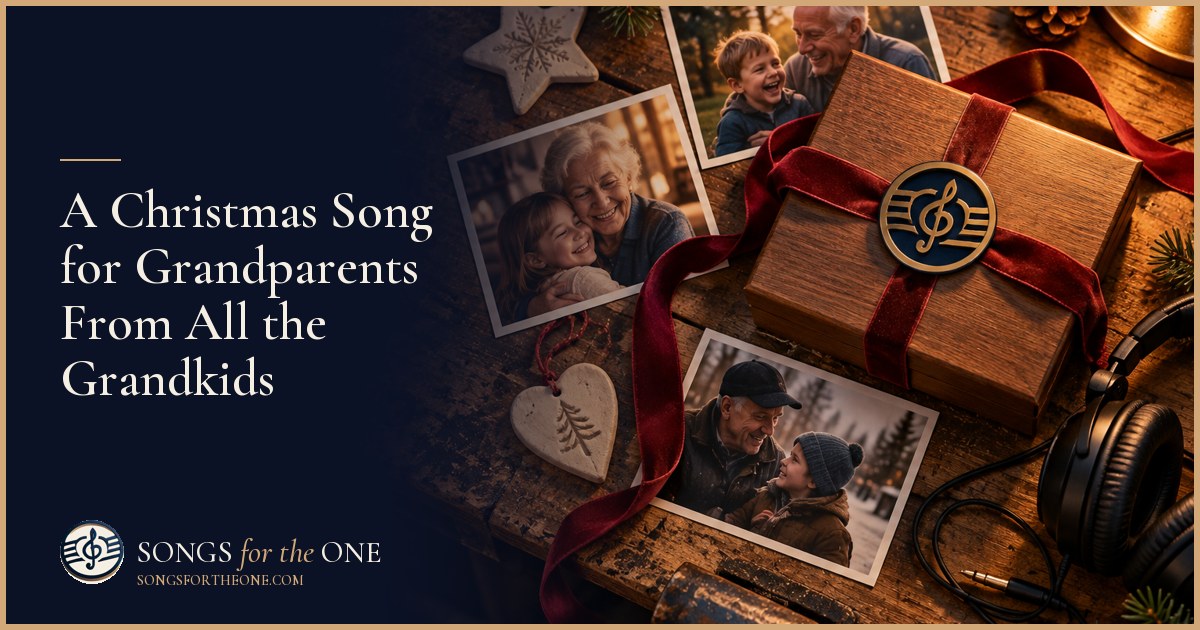 Grandchildren gathered around their grandparents on a sofa beside a Christmas tree, listening to a song together