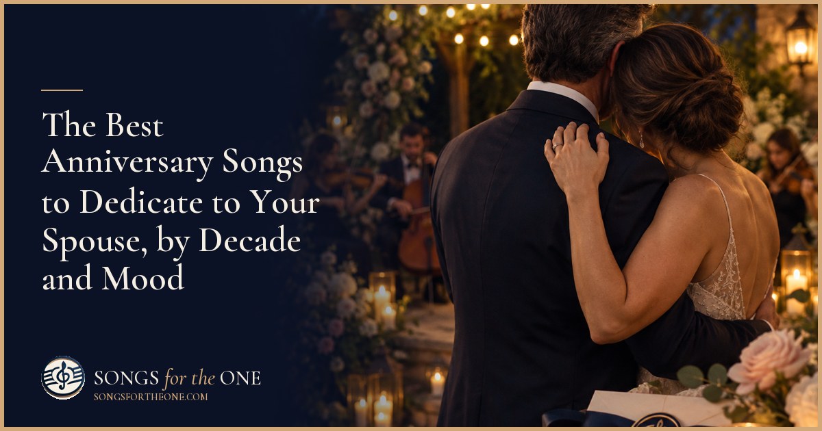 Married couple slow dancing beside a record player, with anniversary flowers and a handwritten note on the table