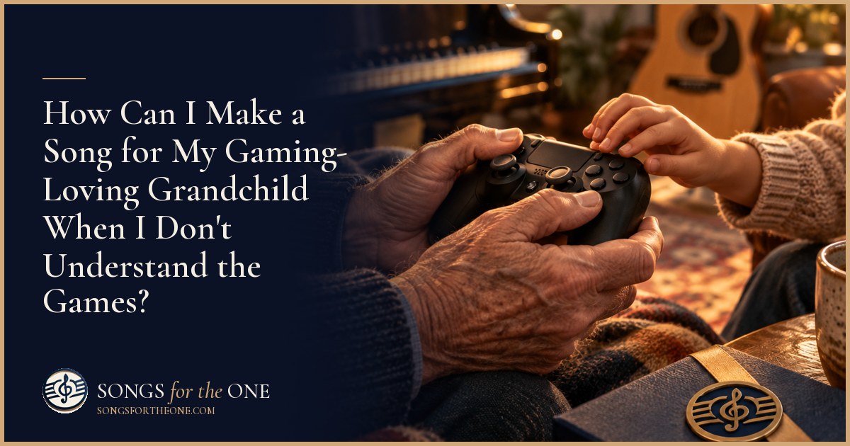 Grandparent listening as a grandchild explains a game controller, with a notebook nearby for song ideas.