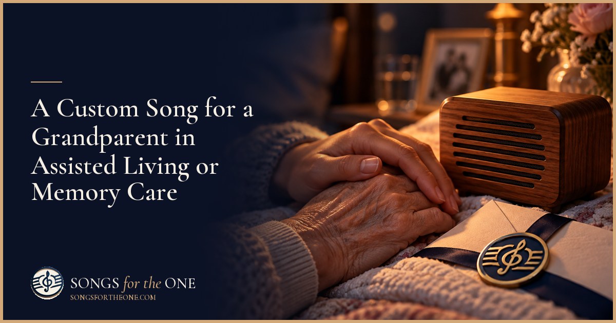 An adult grandchild sitting beside a grandparent in a care home lounge, with a family photo album and small speaker nearby.
