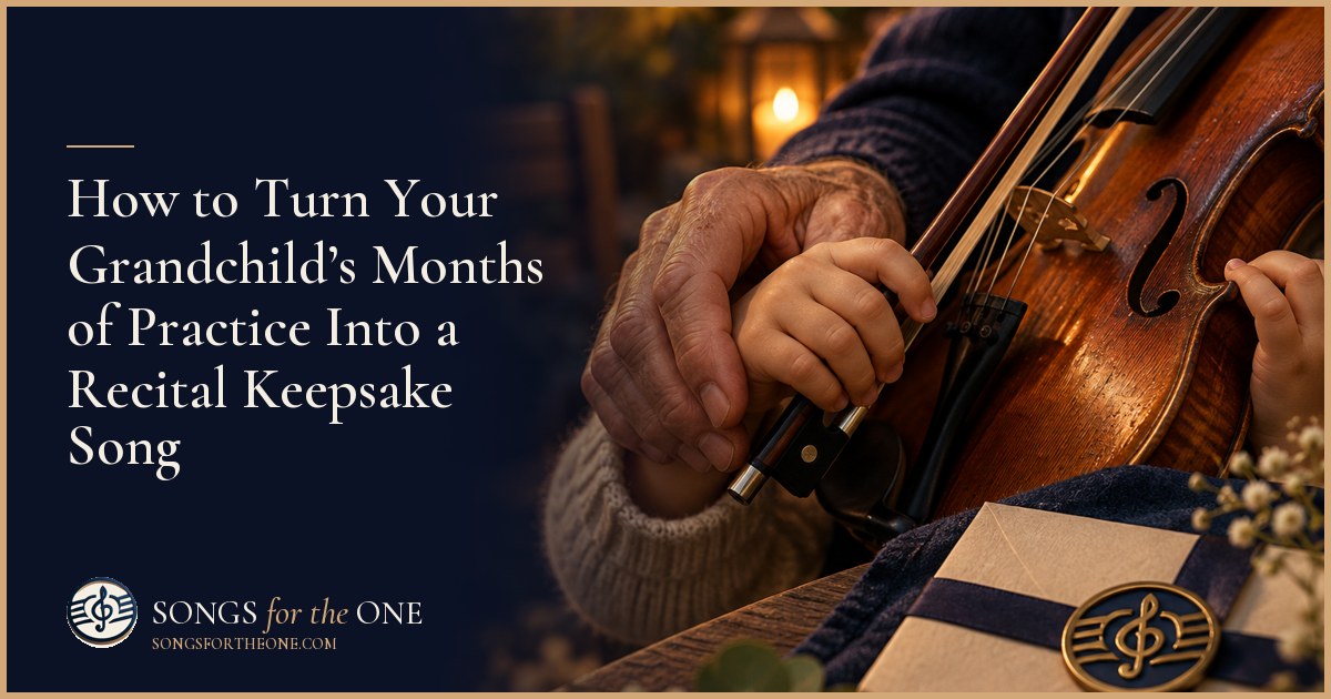 Grandparent listening beside a piano as a grandchild practices, with a metronome and worn music folder nearby.