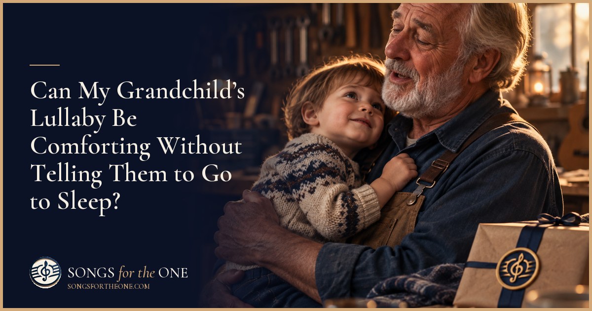 Grandparent sitting beside a grandchild holding a stuffed rabbit in a softly lit bedroom, sharing a quiet moment.