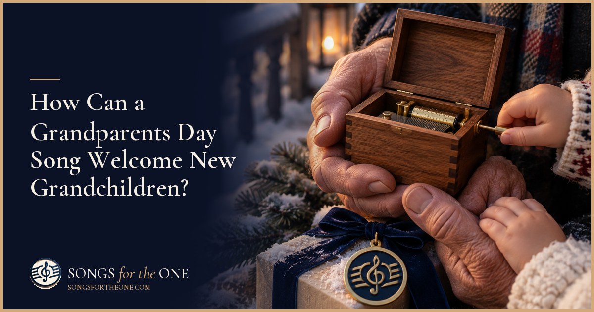Grandparent and two grandchildren looking through family photos beside an album with room for more pictures