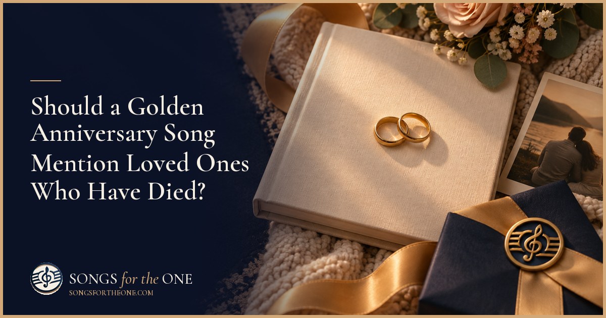 Couple reviewing a wedding album beside a small family photograph while preparing for their golden anniversary celebration