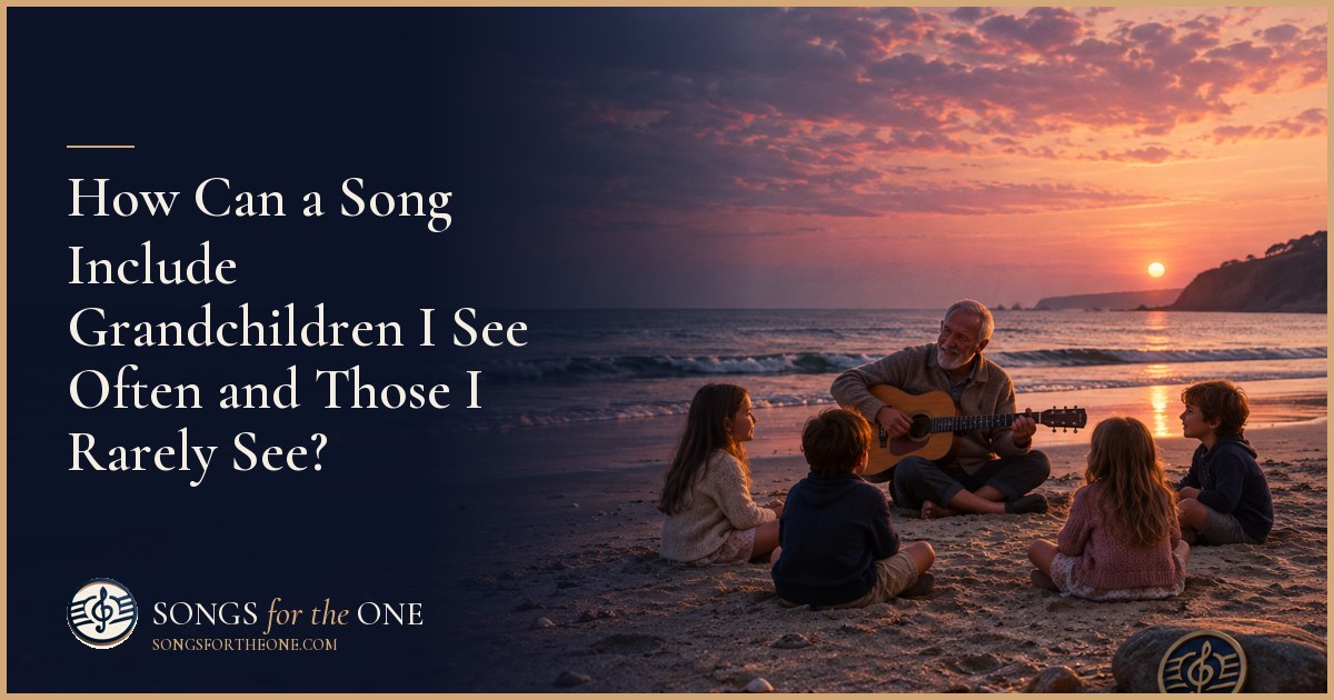 Grandparent arranging family photographs and blank note cards to plan a song that recognizes each grandchild.