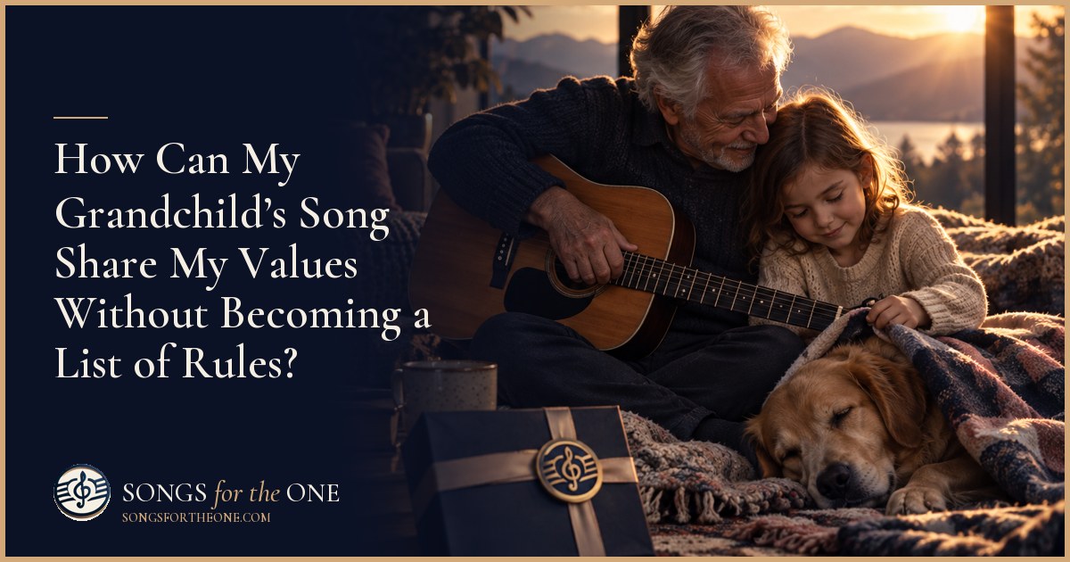 Grandparent and grandchild looking through family photographs beside a guitar, with one photograph held between them.