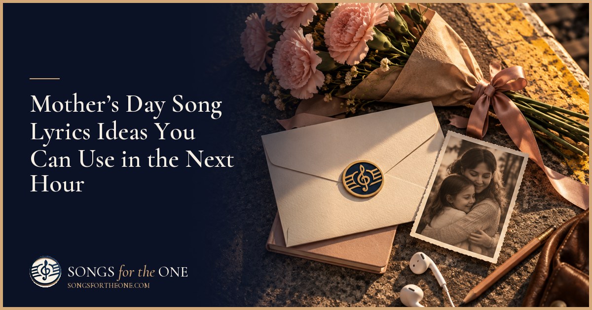 Adult child drafting Mother’s Day song ideas beside a family photograph, a mug, and a small vase of flowers.