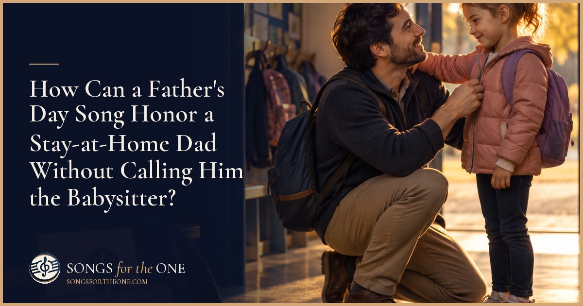 Stay-at-home dad helping his young child fasten a backpack beside a kitchen table with breakfast dishes and a library bag.