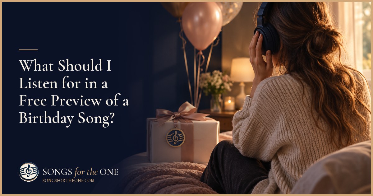An adult wearing headphones beside a wrapped birthday present, checking handwritten notes while listening to a song preview.