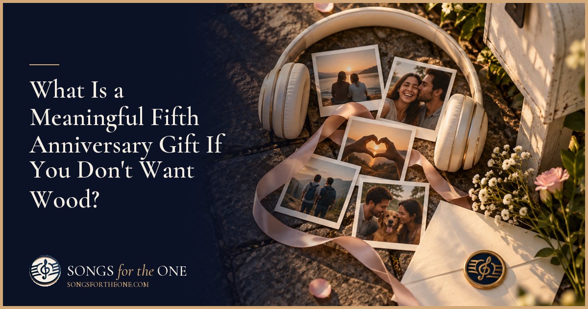 Couple sharing earbuds over an anniversary dinner, with five small photo prints beside their plates.